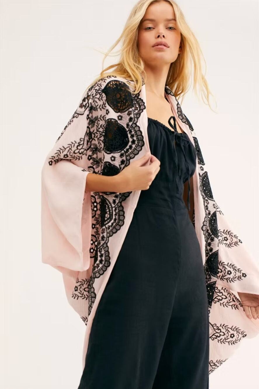 free people catania pink lace eyelet embroidered cocoon boho kimono cardigan